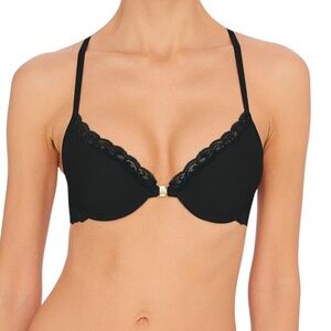 Natori Bra Feathers Front Close Racerback T-Back Black Lace Accents Size 34DDD
